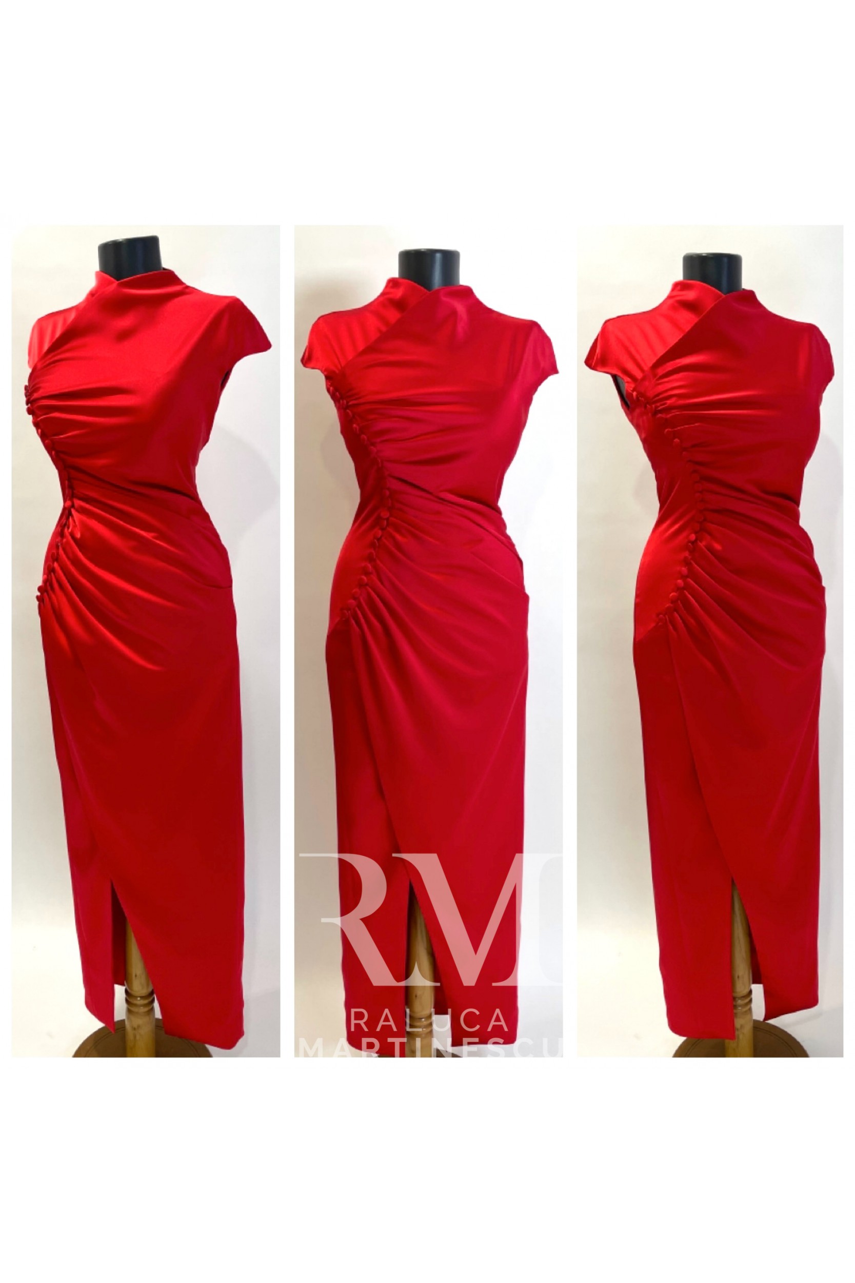 Rochie Kimono din Tafta Scarlet rosie, cu nasturi aplicati